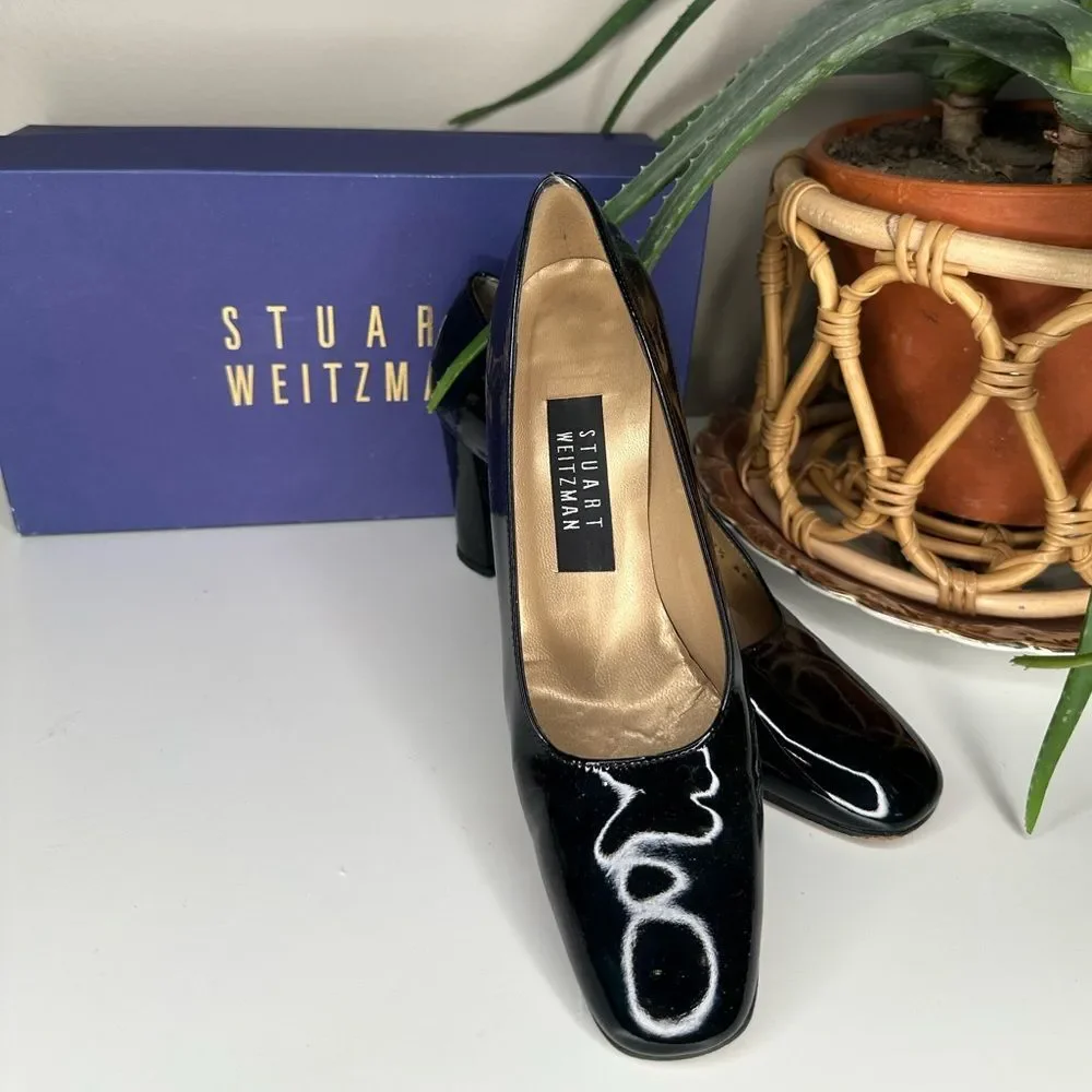 VTG Stuart Weitzman Lex Black Patent Leather Pumps 7.5 AA Block Heel Square Toe - Picture 1 of 15